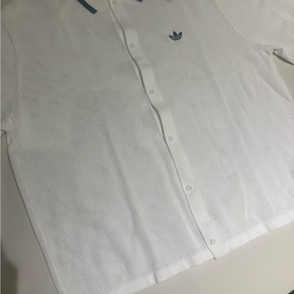 Adidas White Button Down Shirt with Blue Accents